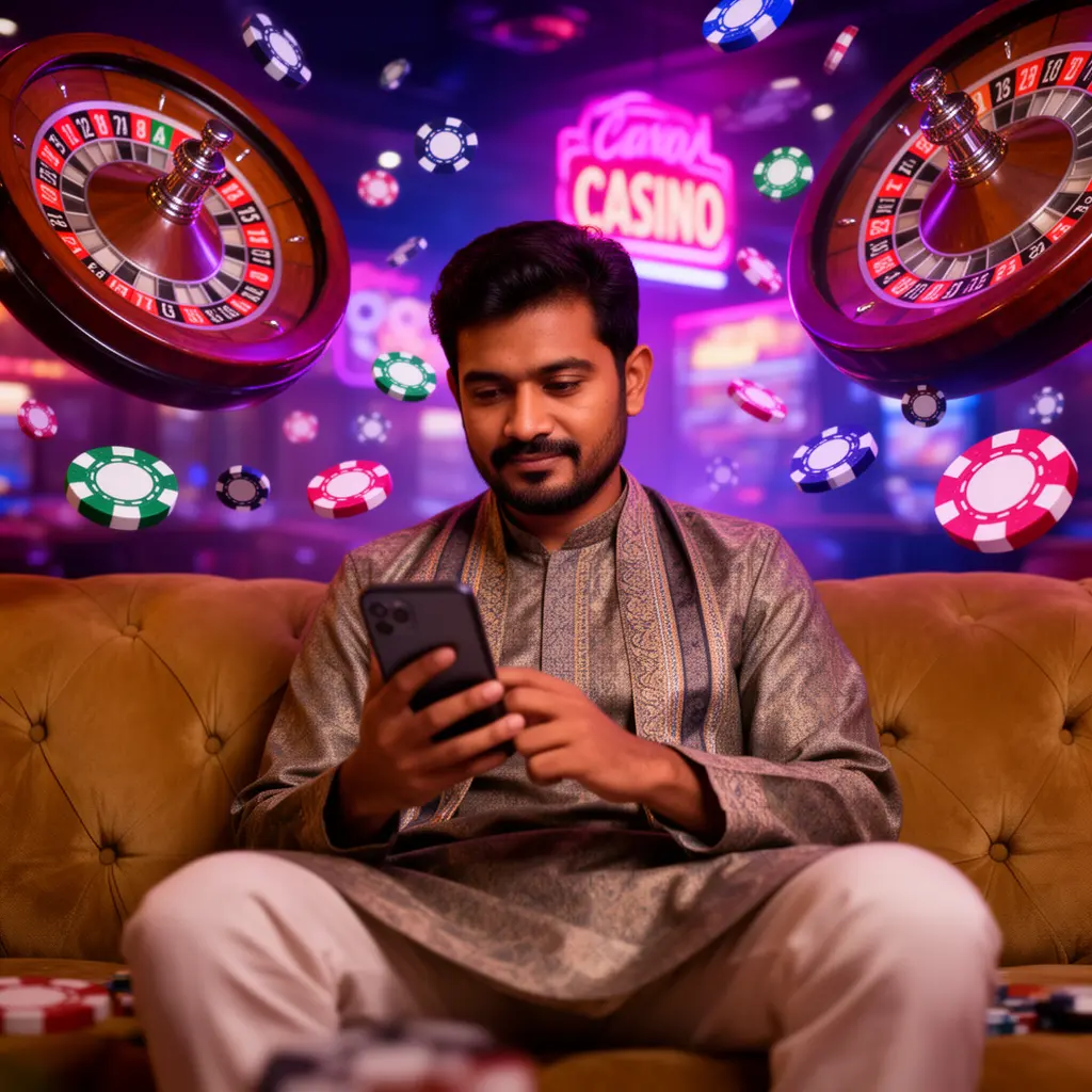 Focused Bangladeshi man enjoying the 54BAT casino app on his phone with vibrant roulette wheels and glowing chips creating an immersive gaming mood