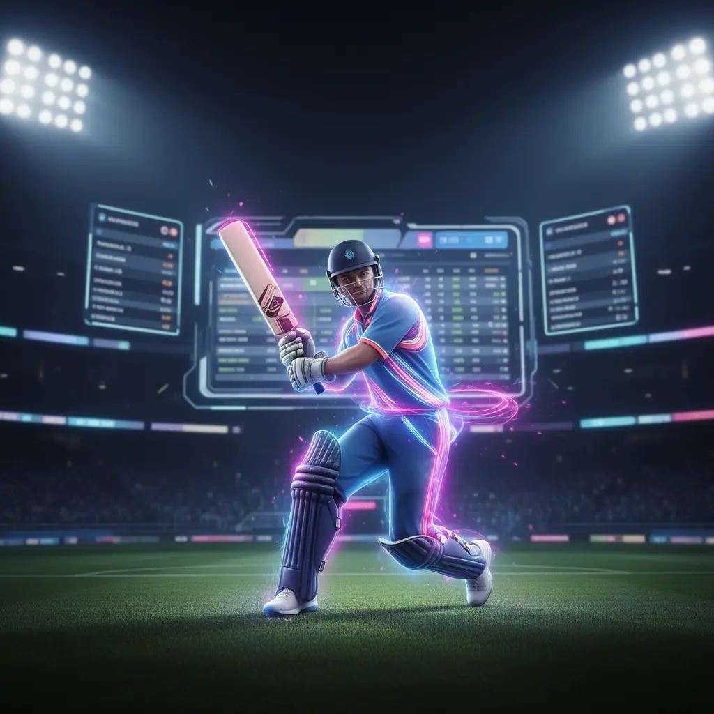 Dynamic neon cricket player in motion inside a futuristic stadium symbolizing high energy sports betting with 54BAT in Bangladesh