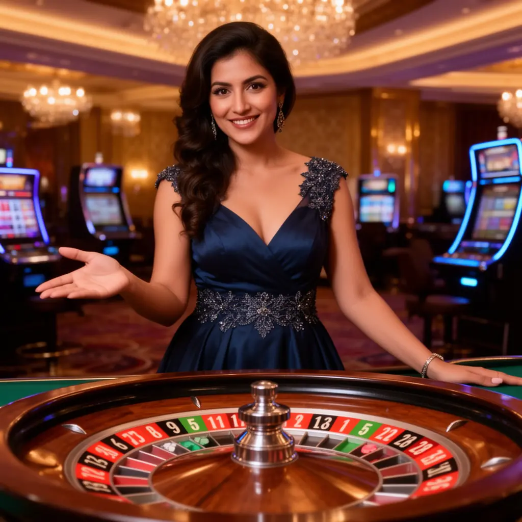 Elegant live casino dealer standing at a roulette table in a luxury studio creating an immersive gaming atmosphere on 54BAT for players in Bangladesh
