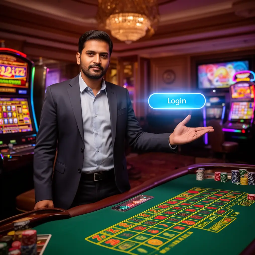 Professional Bangladeshi casino dealer from 54BAT pointing at a glowing holographic login button in a modern casino environment