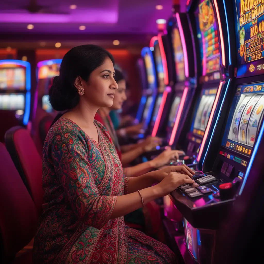 Focused Bangladeshi woman playing a modern slot machine in a vibrant casino atmosphere at 54BAT with colorful lights and immersive gameplay